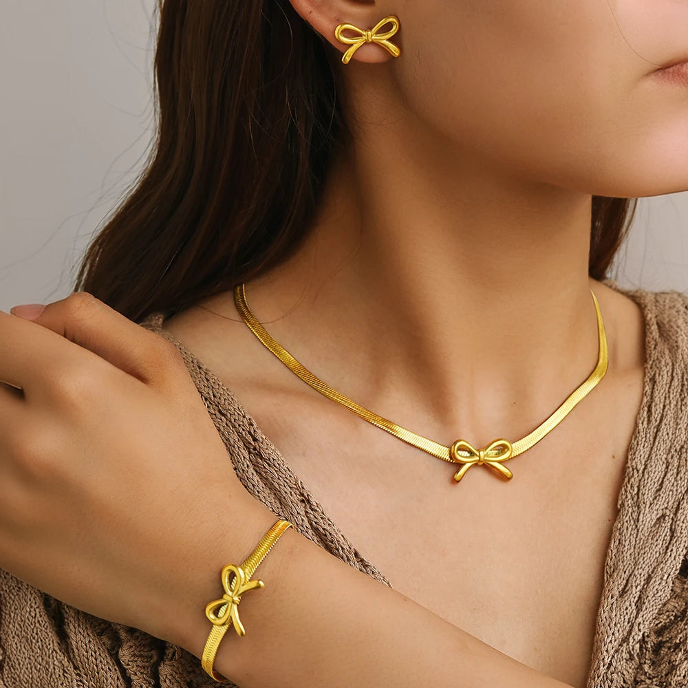 Feminine Bow Herringbone Chain Necklace, Bracelet, and Earring Set — product detail