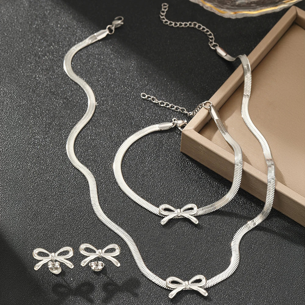Feminine Bow Herringbone Chain Necklace, Bracelet, and Earring Set — product detail
