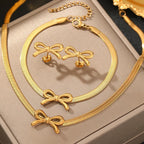 Feminine Bow Herringbone Chain Necklace, Bracelet, and Earring Set — product detail
