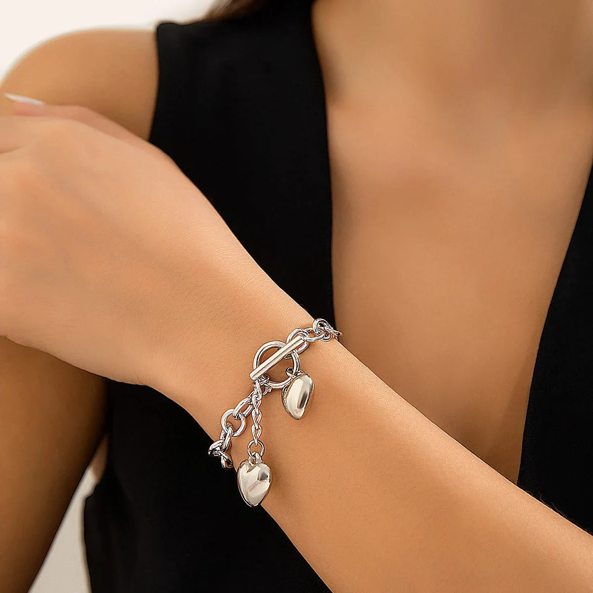 Bold Chunky Chain Link Dual Heart Lariat Necklace & Bracelet — product detail