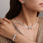 Feminine Bow Herringbone Chain Necklace, Bracelet, and Earring Set — product detail
