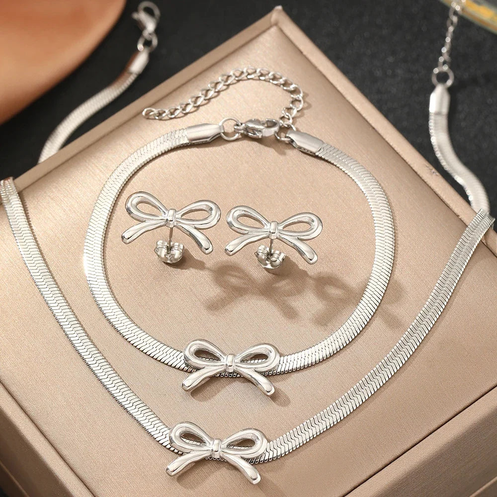 Feminine Bow Herringbone Chain Necklace, Bracelet, and Earring Set — product detail