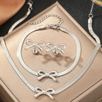 Feminine Bow Herringbone Chain Necklace, Bracelet, and Earring Set — product detail