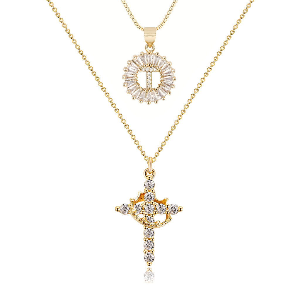 2pc 14k Sparkling Cross Crown & Initial Necklace Set — product detail