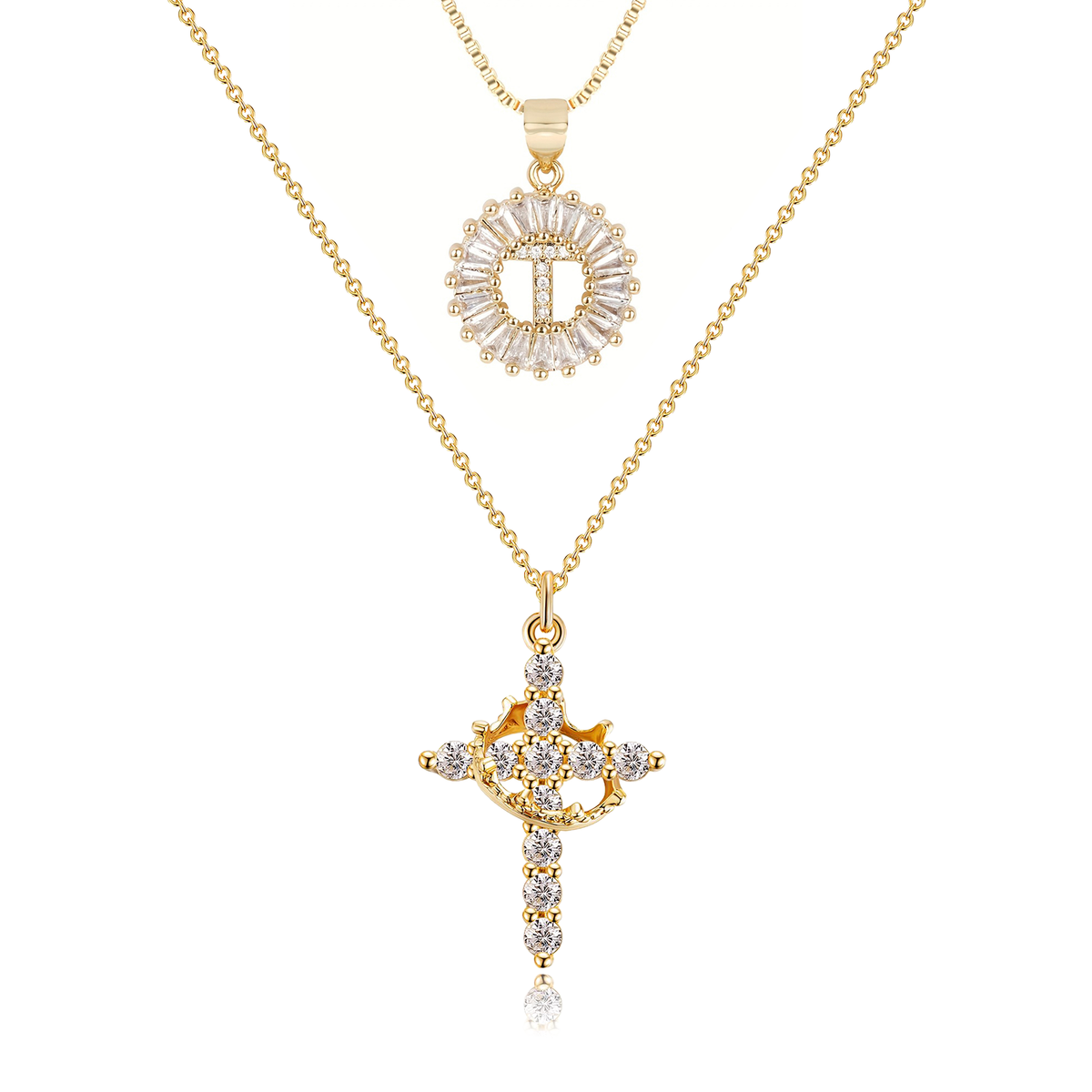 2pc 14k Sparkling Cross Crown & Initial Necklace Set — product detail