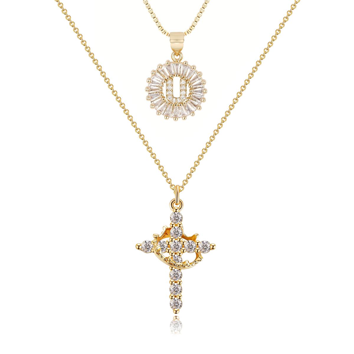 2pc 14k Sparkling Cross Crown & Initial Necklace Set — product detail