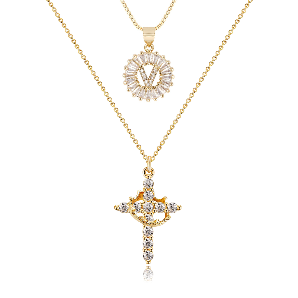 2pc 14k Sparkling Cross Crown & Initial Necklace Set — product detail