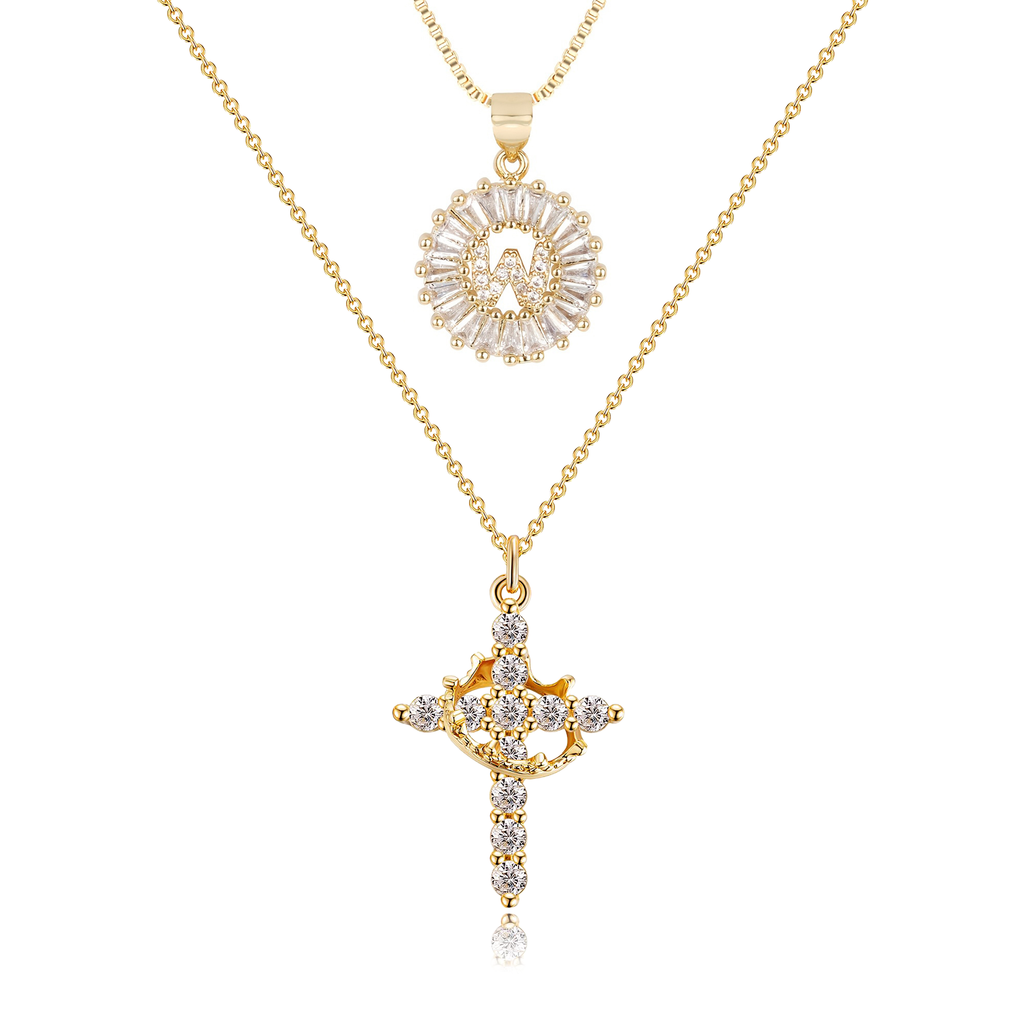 2pc 14k Sparkling Cross Crown & Initial Necklace Set — product detail