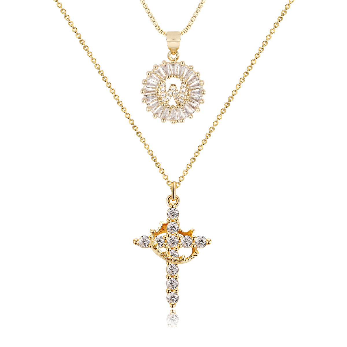 2pc 14k Sparkling Cross Crown & Initial Necklace Set — product detail