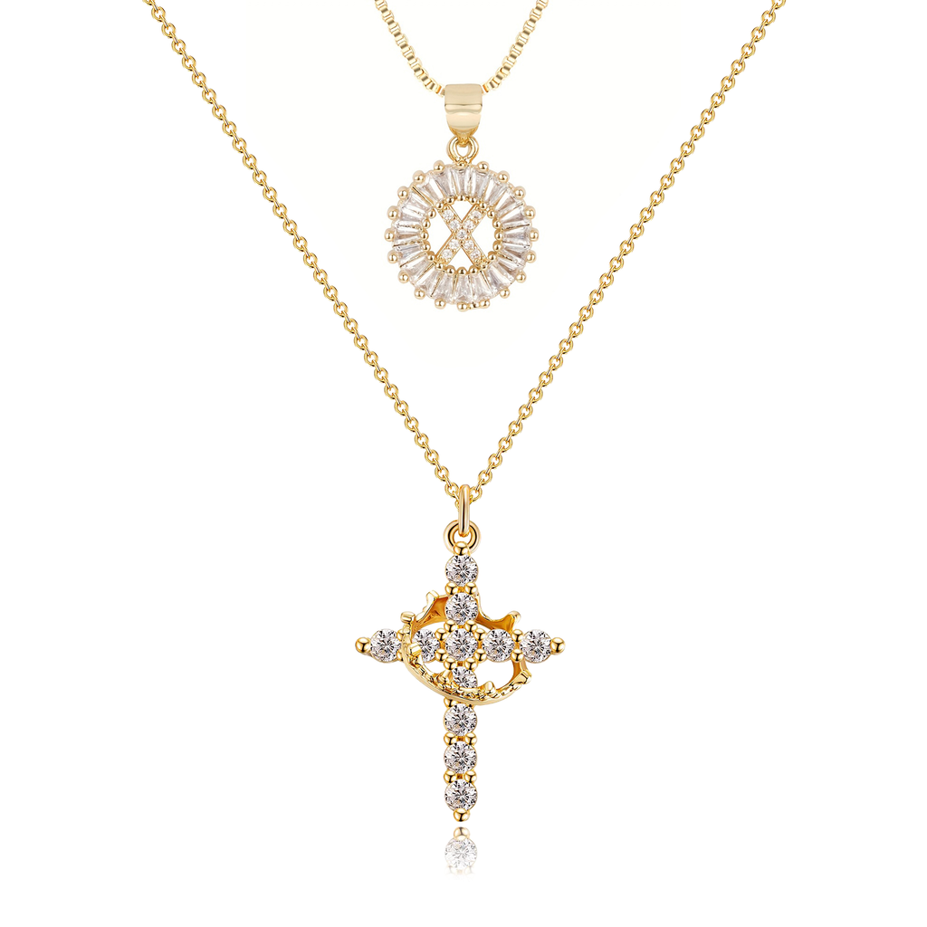 2pc 14k Sparkling Cross Crown & Initial Necklace Set — product detail
