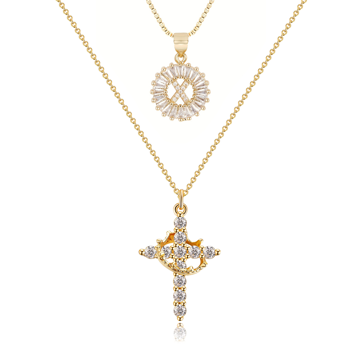 2pc 14k Sparkling Cross Crown & Initial Necklace Set — product detail