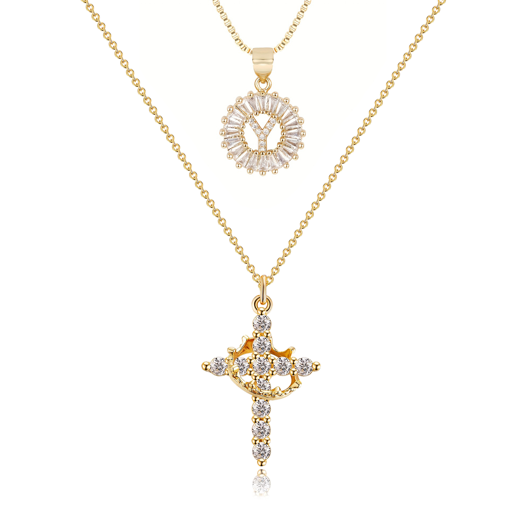 2pc 14k Sparkling Cross Crown & Initial Necklace Set — product detail