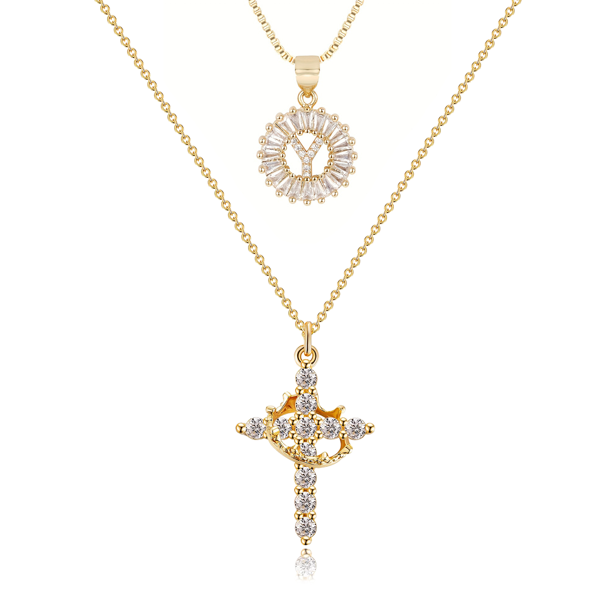 2pc 14k Sparkling Cross Crown & Initial Necklace Set — product detail