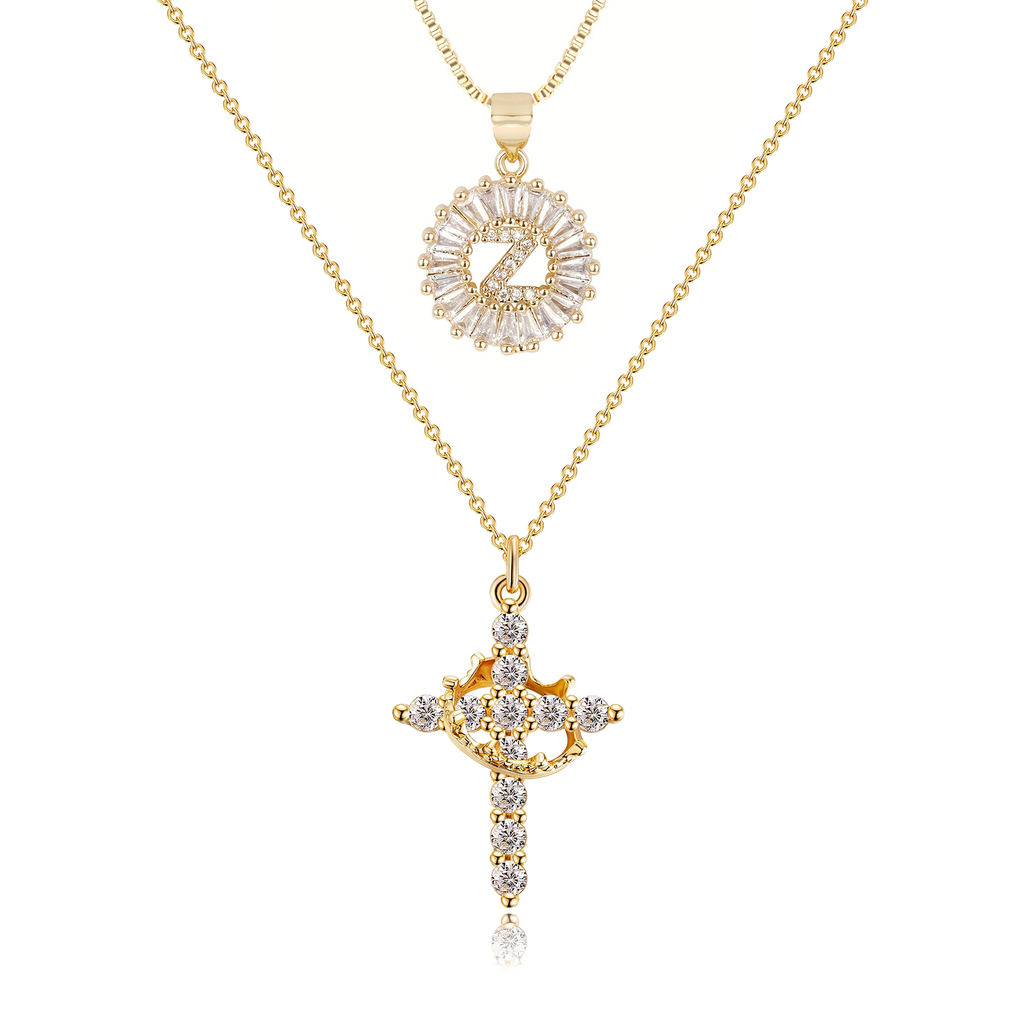 2pc 14k Sparkling Cross Crown & Initial Necklace Set — product detail