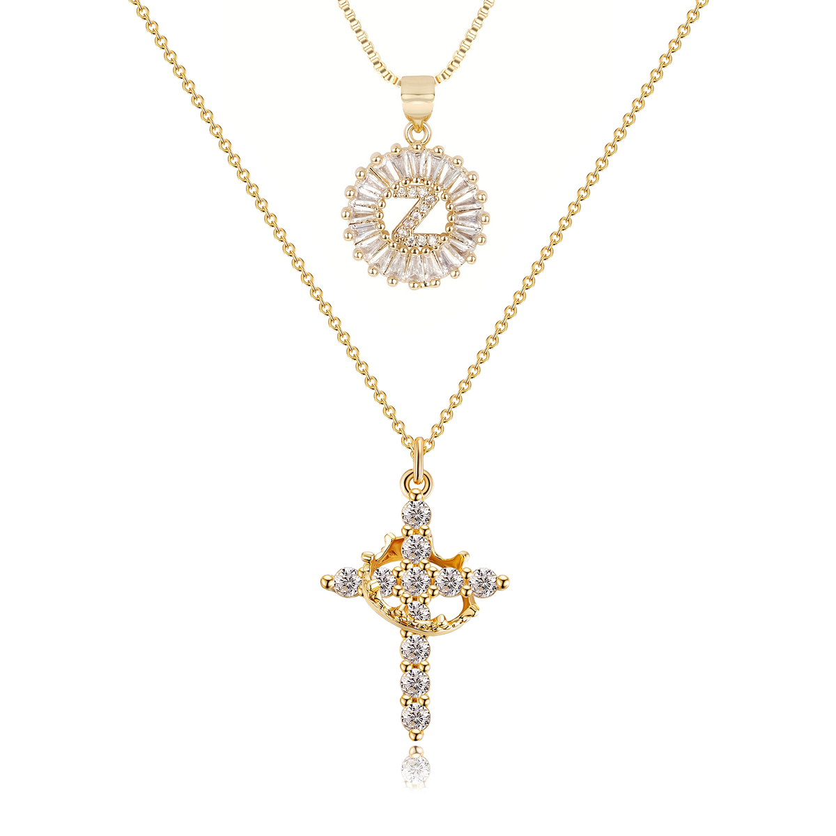 2pc 14k Sparkling Cross Crown & Initial Necklace Set — product detail