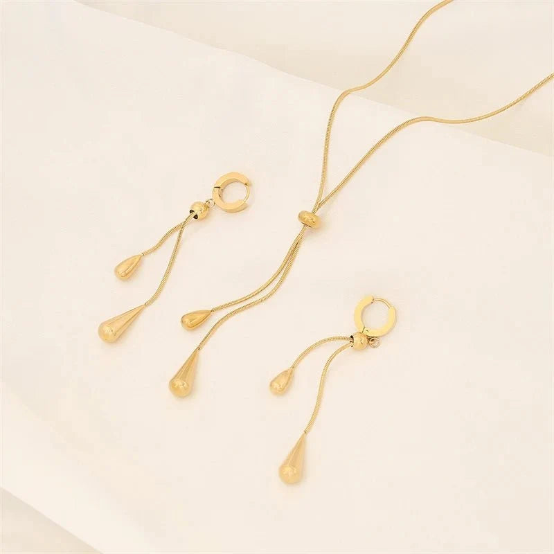 Adjustable Pull Droplet Lariat Necklace and Earrings — product detail