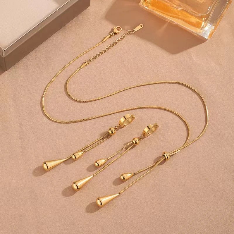 Adjustable Pull Droplet Lariat Necklace and Earrings — product detail