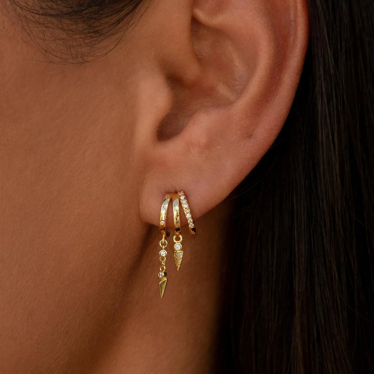 14k Triple Huggie Dangle Earrings Pair — product detail
