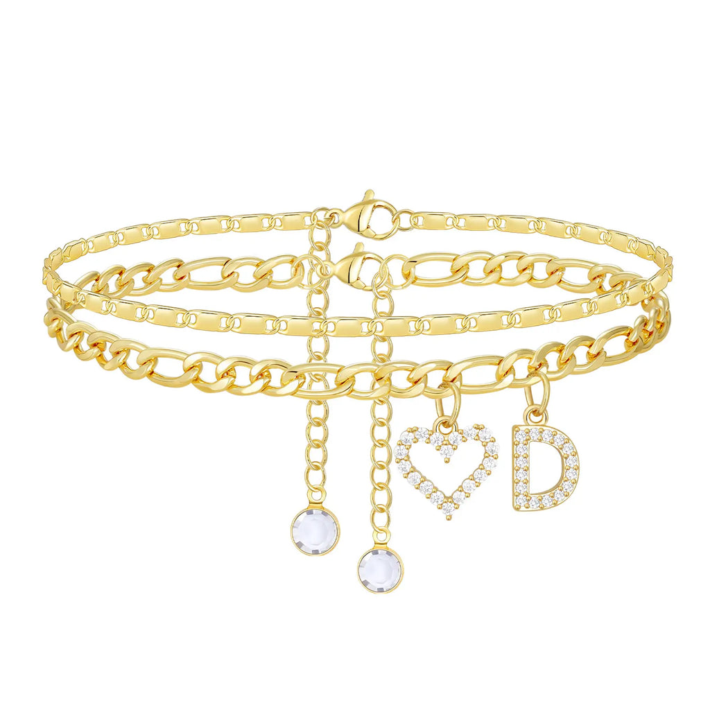 2pc 14k Letter Initial & Sparkling Heart Anklet — product detail