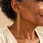 Long gold tassel chain hoop earrings on mature model
