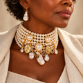 Evelise layered baroque pearl necklace and earring set on a woman