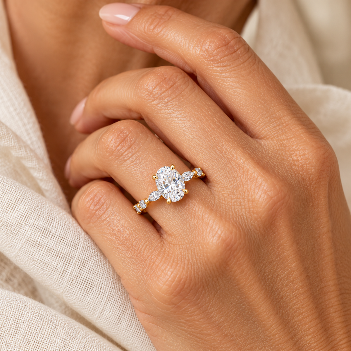 Evelise oval moissanite accented band ring on a hand