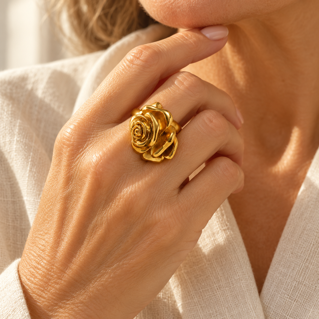 Evelise gold rose signet ring on a hand