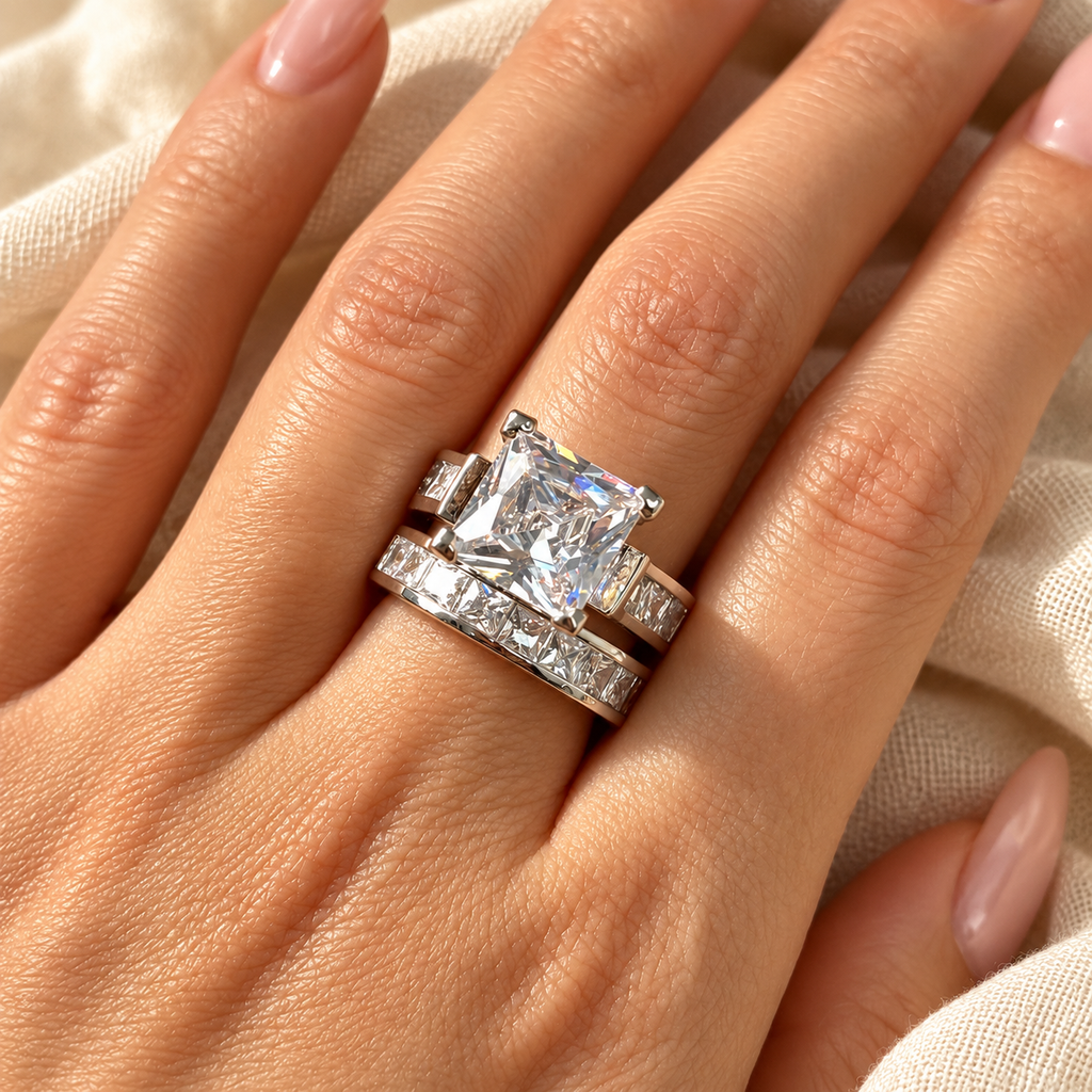Evelise square cut zircon ring stack on a hand