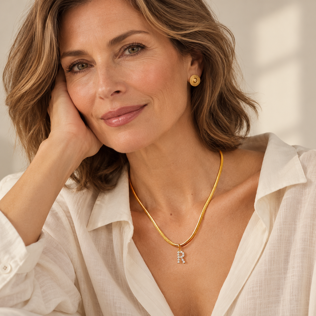 Gold diamond initial herringbone necklace