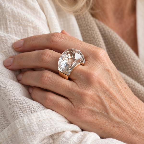 Oversized crystal ring on a woman's hand