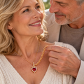 Gold red heart pendant necklace in a couple's portrait