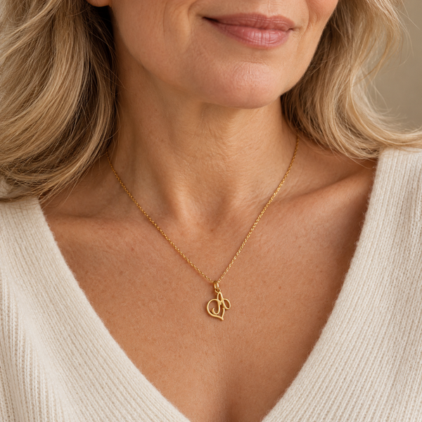 Small gold openwork heart necklace on a woman