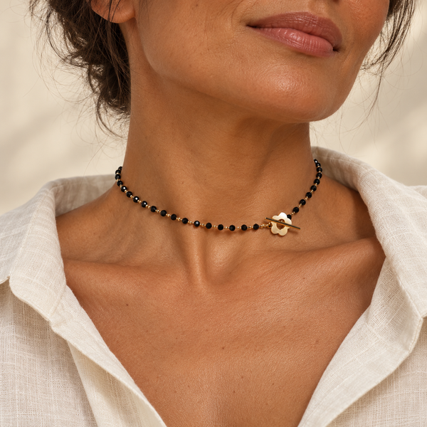 Black bead choker with flower clasp
