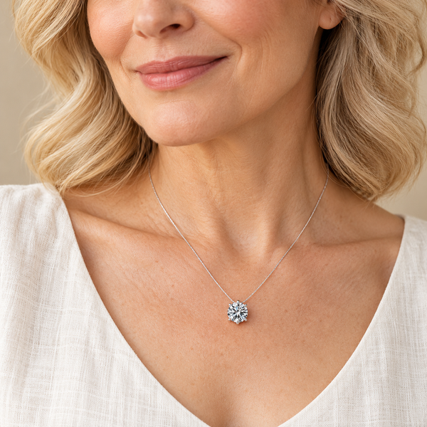 Silver solitaire necklace on a woman