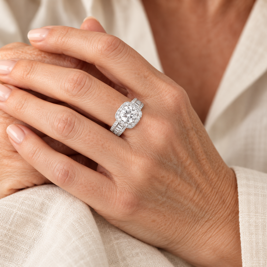 Square halo ring on a woman's hand