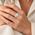 Square halo ring on a woman's hand