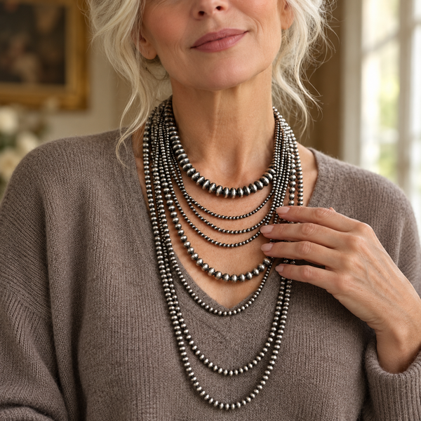 Layered silver bead necklace on a woman