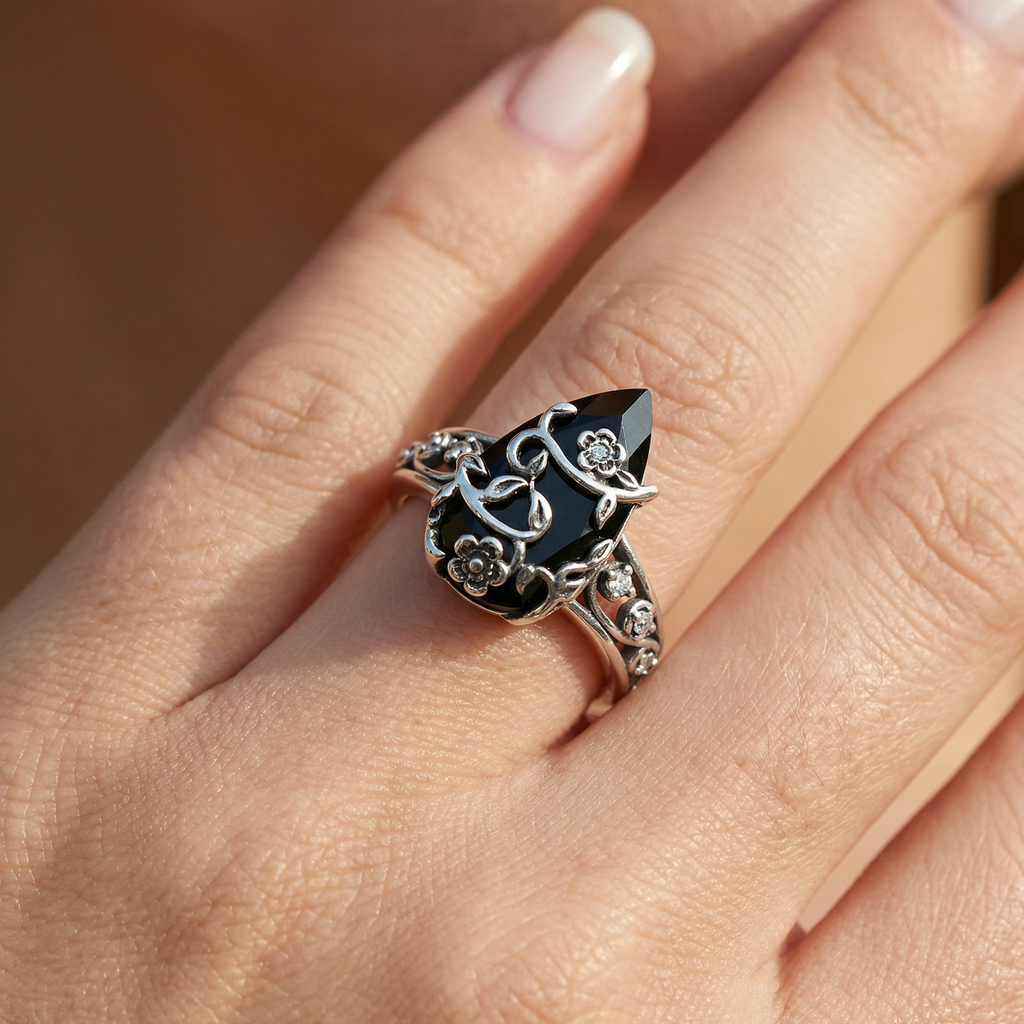 Floral Accented Onyx Ring — product detail