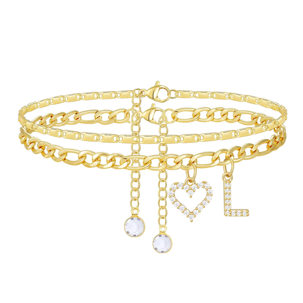 2pc 14k Letter Initial & Sparkling Heart Anklet — product detail