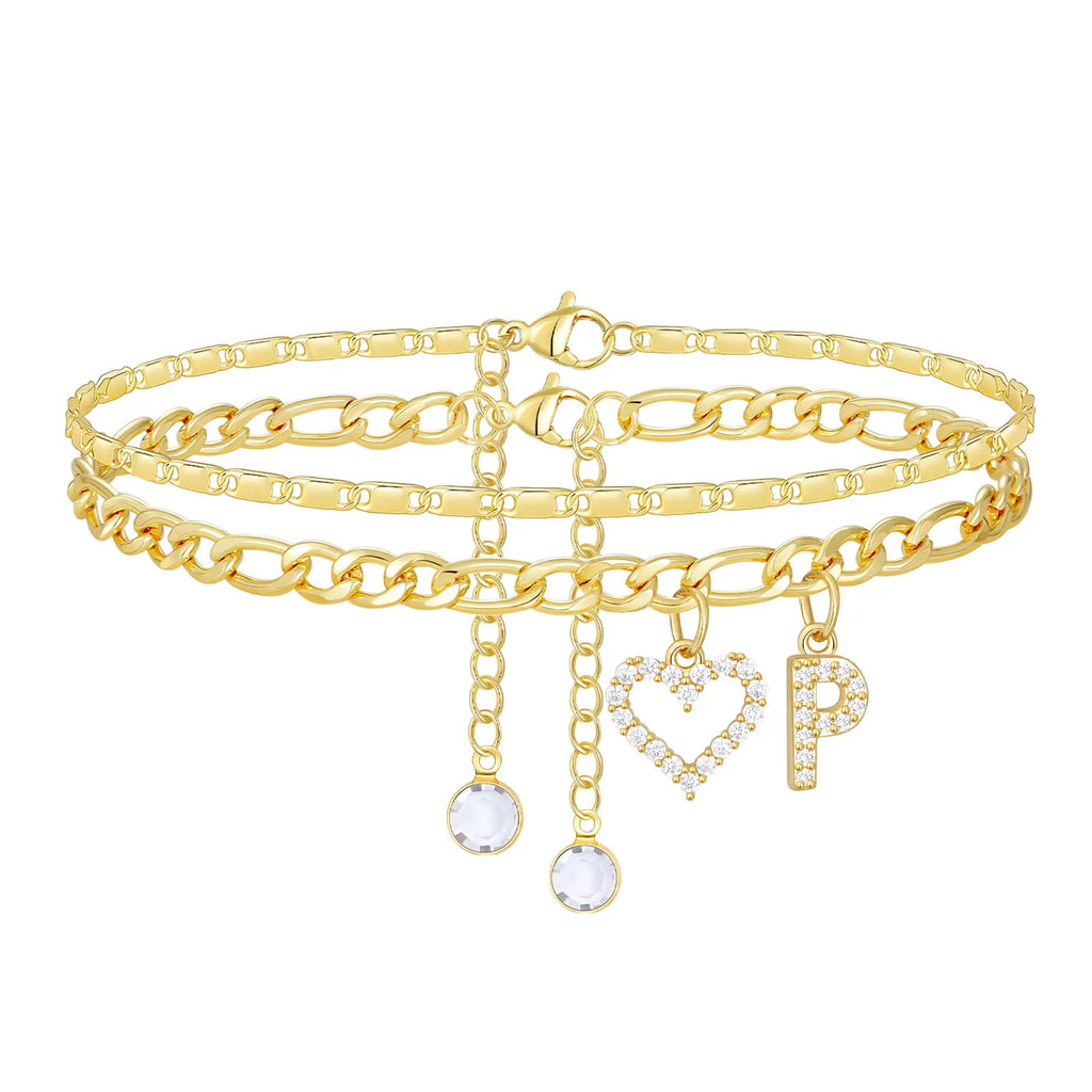 2pc 14k Letter Initial & Sparkling Heart Anklet — product detail