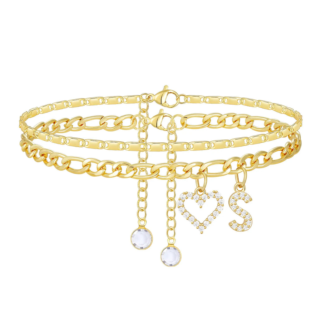 2pc 14k Letter Initial & Sparkling Heart Anklet — product detail