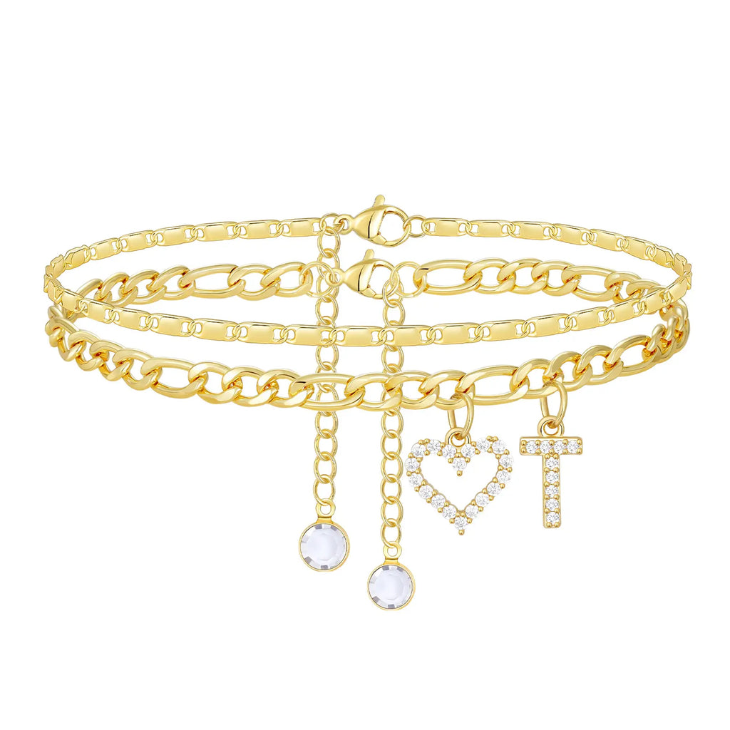 2pc 14k Letter Initial & Sparkling Heart Anklet — product detail