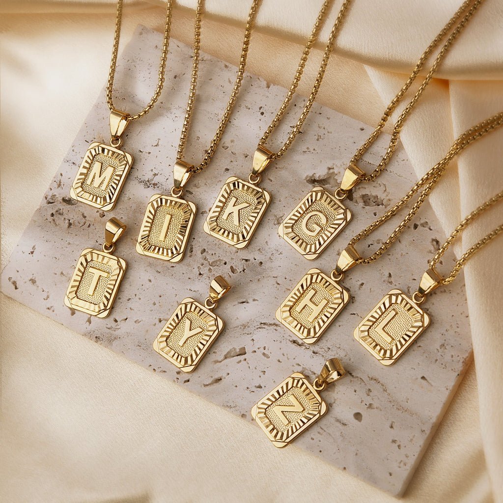 Textured Rectangle Letter Initial Necklace — product detail
