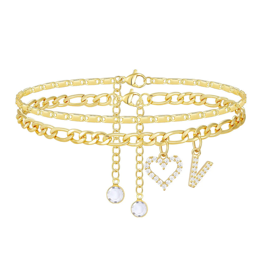 2pc 14k Letter Initial & Sparkling Heart Anklet — product detail