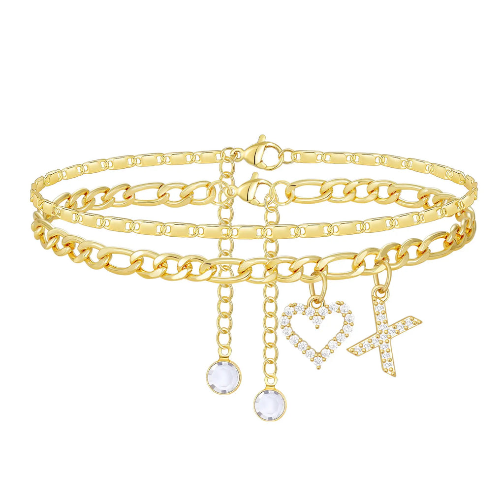 2pc 14k Letter Initial & Sparkling Heart Anklet — product detail