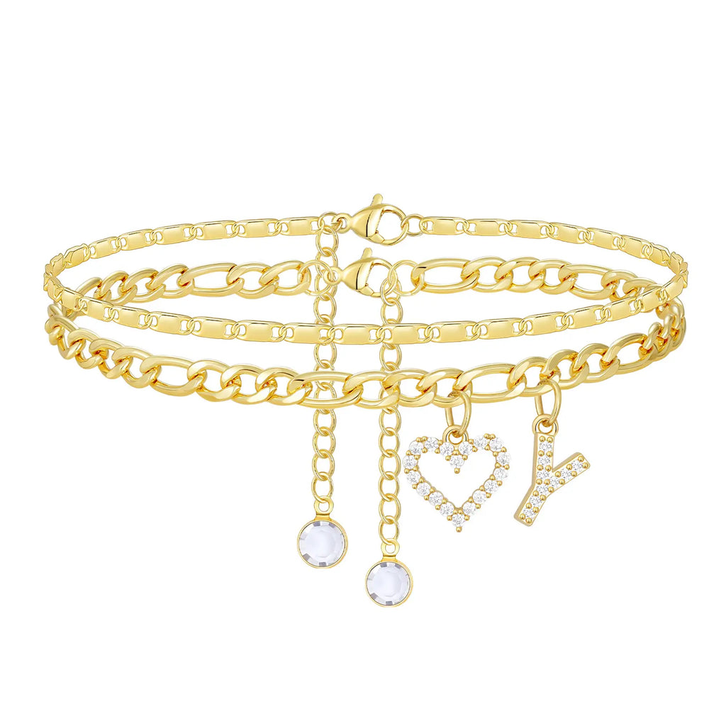 2pc 14k Letter Initial & Sparkling Heart Anklet — product detail