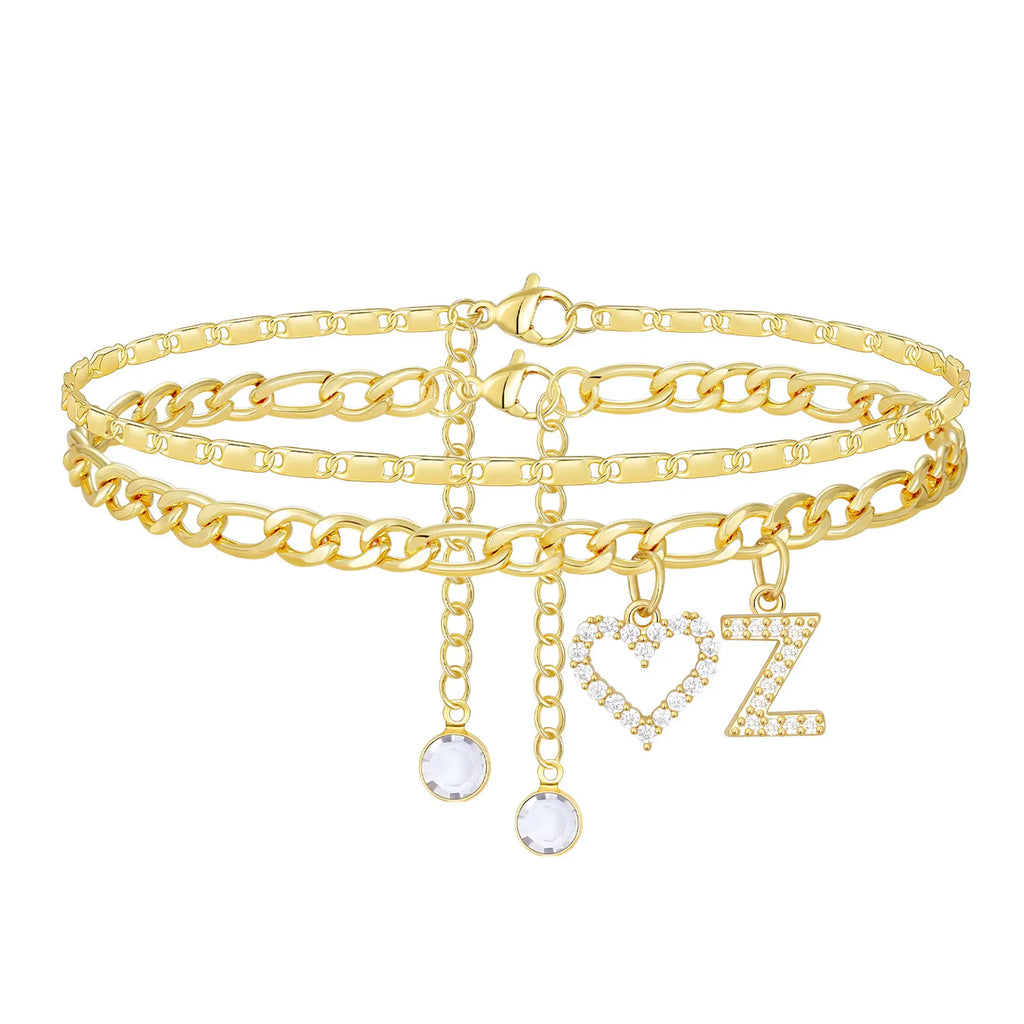 2pc 14k Letter Initial & Sparkling Heart Anklet — product detail
